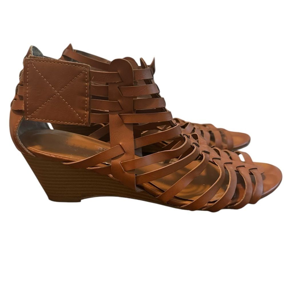 a.n.a . Meadow Wedge Strappy Sandals Size 9 Cognac Color Open Toe Velcro Strap